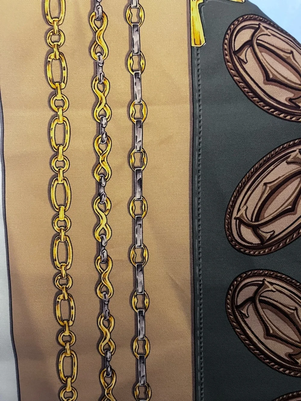 Cartier Silk Scarf in Dusty Blue & Gold Authentic very large wrap. Vintage silk